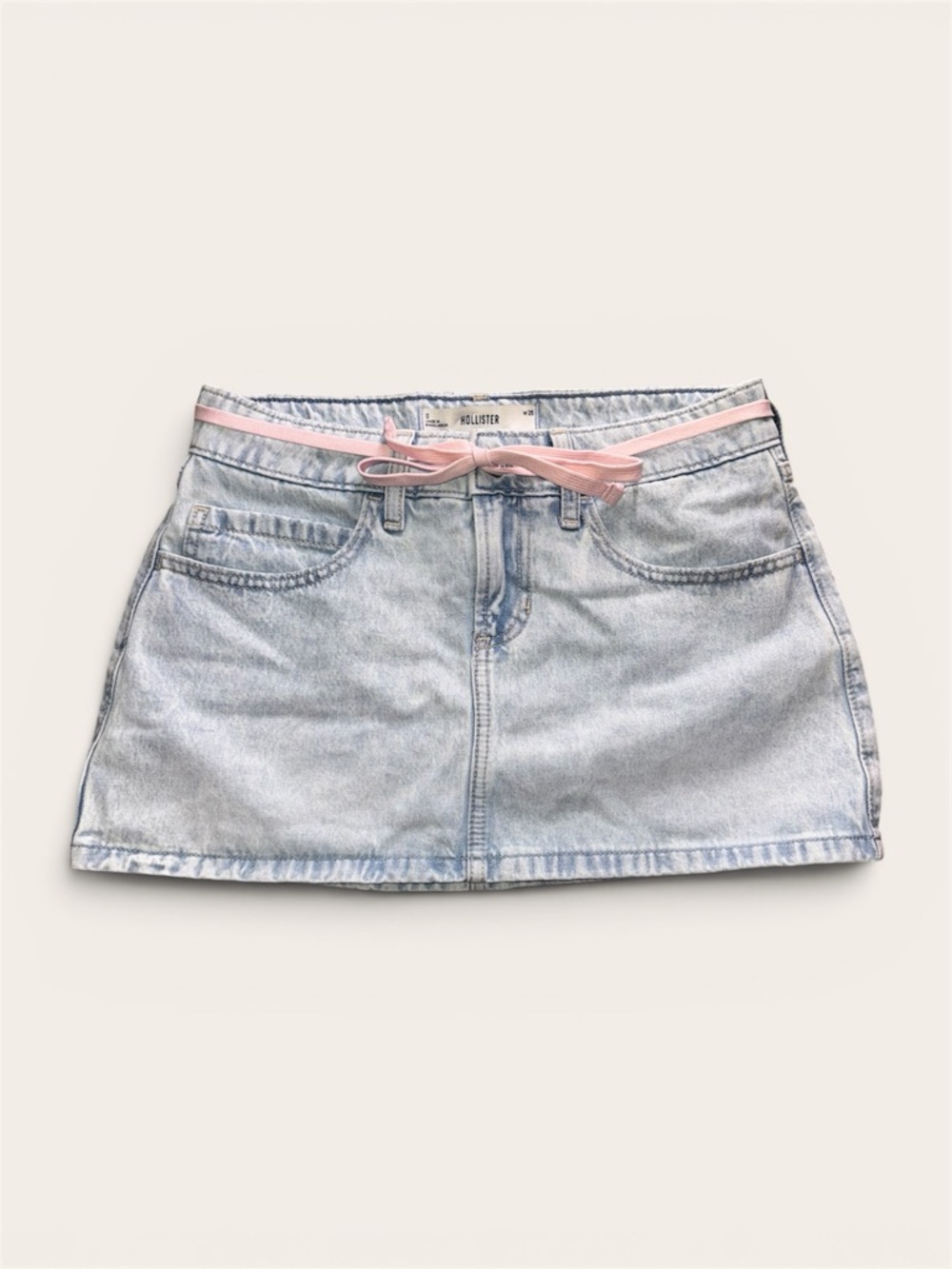 Hollister Light Wash Denim Low Rise Mini Skirt with Pink Ribbon